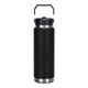 A drink bottle featuring a sleek black design with a stainless steel base and a handle for easy carrying.