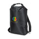 A black 20L dry bag with adjustable straps and a logo featuring multi-coloured houses.