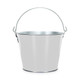 A white metal ice bucket with a silver handle and a shiny finish. It features a circular base and an open top.
