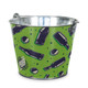 A metallic ice bucket featuring a vibrant green design with illustrations of bottles and caps, along with a logo.
