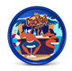 A round blue serving tray featuring a tropical bar scene with two seated figures and various drink bottles.