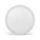 A round white serving tray with a smooth finish and an outer rim. It features a logo on the underside.