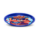 A blue serving tray featuring a vibrant graphic of a cocktail lounge with two characters and a logo.