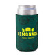 A drink can cooler in green with a fruit pattern, designed for slim cans, featuring a logo.