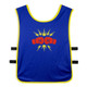 A blue unisex bib with a yellow trim and a graphic of red boxing gloves surrounded by orange lightning bolts.