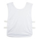 A white unisex bib featuring adjustable straps and a simple design. It includes a logo.
