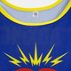 A custom unisex bib featuring a blue design with a yellow trim and a colourful graphic pattern. It includes a logo.