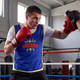 A blue unisex bib with a graphic design, worn by a person in boxing gloves during training in a gym.