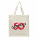 A beige tote bag featuring a logo with red and black text. It has two sturdy handles for easy carrying.