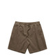 A pair of brown cord shorts with an elastic waistband and drawstring detail. Features a logo on the waistband.