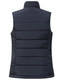 A navy insulated puffer vest with a 3D cut and a high collar, featuring a logo. Ideal for layering.
