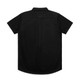 A black short-sleeve work shirt featuring a classic collar and a back pleat. Includes a logo on the back.