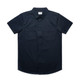 A navy blue short-sleeved shirt with two chest pockets and a collared neckline, featuring a small logo.