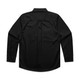 A black long-sleeved work shirt with a button-down collar and a back pleat, featuring a logo on the sleeve.