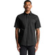 A black short-sleeved work shirt featuring a button-up front and two chest pockets. The shirt has a logo.