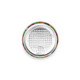 A clear can filled with assorted jelly beans in vibrant colours, featuring a textured silver lid.