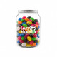 A clear jar filled with assorted jelly beans in various vibrant colours, featuring a logo on the front.