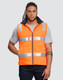 A unisex hooded puffer vest in bright orange with reflective strips, featuring a zip front and a navy collar.