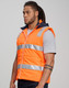 A unisex hi vis hooded puffer vest in bright orange with reflective strips and a navy hood. Features a logo.