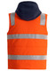 A bright orange unisex hooded puffer vest with reflective strips and a navy hood at the back.