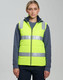 A unisex high visibility hooded puffer vest in bright yellow with reflective strips, worn by a model.