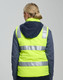 A unisex hi-vis hooded puffer vest in bright yellow with reflective strips and a navy blue hood.