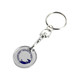 A silver keyring featuring a printed circular coin with a branded design.