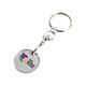 A silver keyring with a round printed trolley coin featuring a colourful design and a logo.