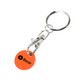 An orange printed trolley coin keyring with a silver clip and keyring attachment.