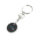 A silver keyring with a round, black trolley coin featuring a logo.