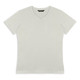 A light grey women's t-shirt with a v-neck design, featuring a logo on the neckline.