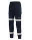 Cotton stretch drill cuffed work pants in navy with reflective tape detailing, featuring cargo pockets and an elastic waist.