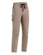 A pair of beige work pants with elastic waistband, drawstring, and cargo pockets on the sides.