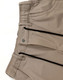 Beige water-repellent flexi work pants featuring elastic waistband and zippered pockets, with branding on the fabric.