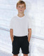 Kids' bamboo charcoal sports shorts in black, styled with a plain white t-shirt, featuring pockets.