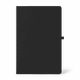 A black A5 notebook with a smooth cover and a closure strap, featuring a logo on the front.