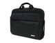 A black laptop bag with dual handles and a shoulder strap, featuring a front pocket and branding.