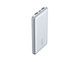 A silver power bank with two USB ports and LED indicators, featuring a logo on the side.