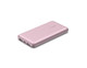 A pink power bank with two USB ports and a USB-C port, featuring indicator lights and a smooth finish.