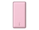 A pink power bank with a sleek design, accompanied by a cable and featuring a brand logo.
