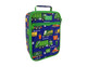 A blue insulated lunch bag featuring various colourful trucks and recycling designs, with a green handle and zipper.