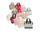 A collection of insulated lunch bags in various colours and patterns, featuring different designs and a logo on some bags.