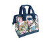 A insulated lunch bag with a tropical palm print design, featuring blue handles and a zip closure.