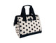A polka dot insulated lunch bag in cream and black with sturdy handles and a zip closure. Features a logo on the front.