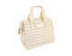 A beige and white checked insulated lunch bag with a zip closure and short handles. Features a logo on the side.