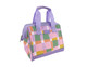 A patterned insulated lunch bag in pink, green, orange, and purple with purple handles and a zipper closure.