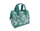 A teal insulated lunch bag with a floral design, featuring a zip closure and two top handles.