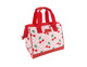 A red insulated lunch bag with a cherry pattern on a pink checkered background and red handles.