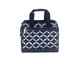 A navy and white insulated lunch bag with a geometric pattern and dual handles, featuring a front zipper pocket.