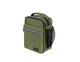 An olive green insulated lunch bag with zippers, a front pocket, and a side mesh pocket. It features a logo.